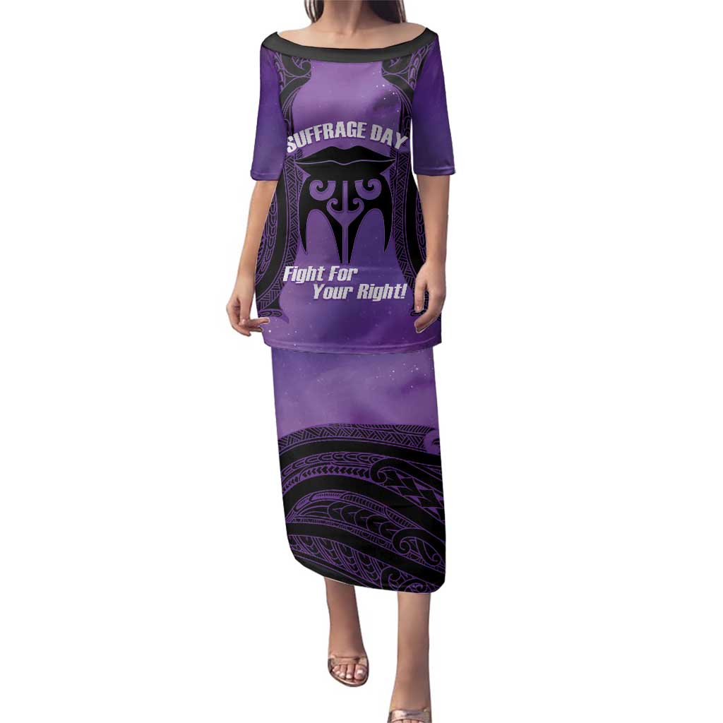 Personalised New Zealand Suffrage Day Family Matching Puletasi and Hawaiian Shirt Maori Tattoo Galaxy Vibe LT14 Mom's Dress Purple - Polynesian Pride