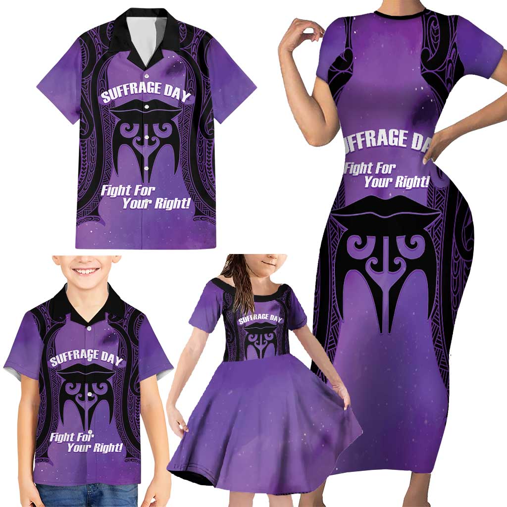 Personalised New Zealand Suffrage Day Family Matching Short Sleeve Bodycon Dress and Hawaiian Shirt Maori Tattoo Galaxy Vibe LT14 - Polynesian Pride