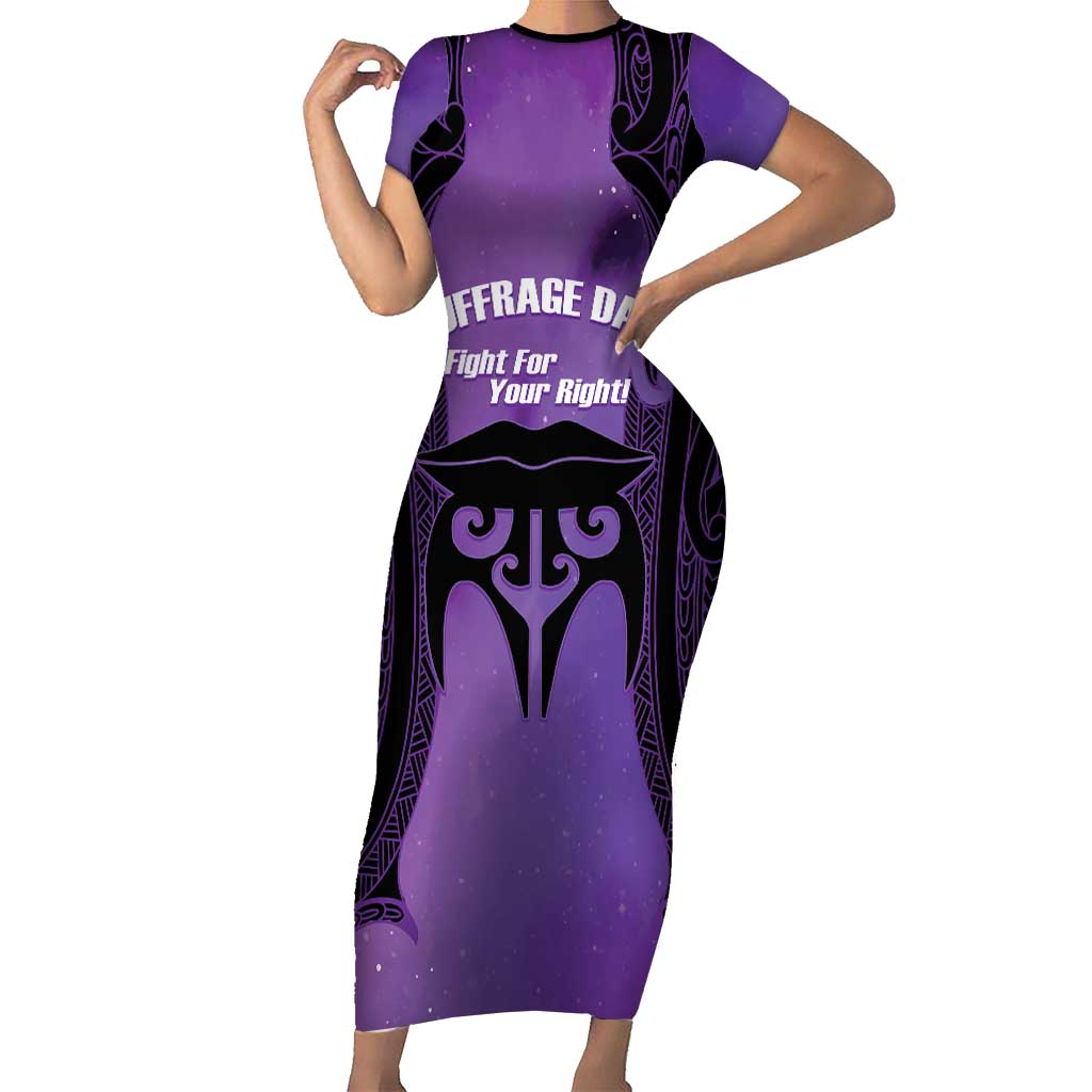 Personalised New Zealand Suffrage Day Family Matching Short Sleeve Bodycon Dress and Hawaiian Shirt Maori Tattoo Galaxy Vibe LT14 Mom's Dress Purple - Polynesian Pride