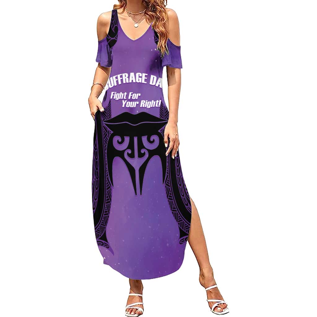 Personalised New Zealand Suffrage Day Family Matching Summer Maxi Dress and Hawaiian Shirt Maori Tattoo Galaxy Vibe LT14 Mom's Dress Purple - Polynesian Pride
