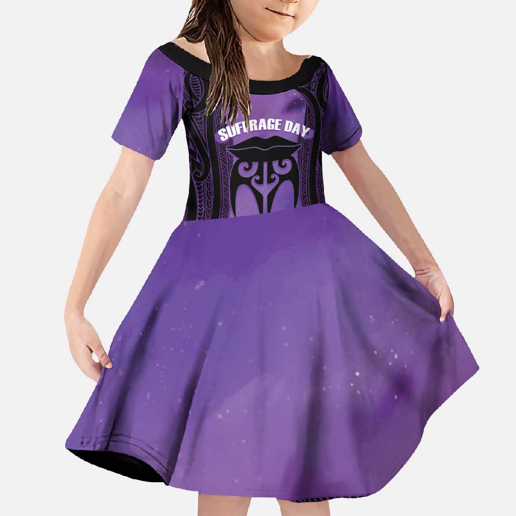 Personalised New Zealand Suffrage Day Family Matching Tank Maxi Dress and Hawaiian Shirt Maori Tattoo Galaxy Vibe LT14 Daughter's Dress Purple - Polynesian Pride