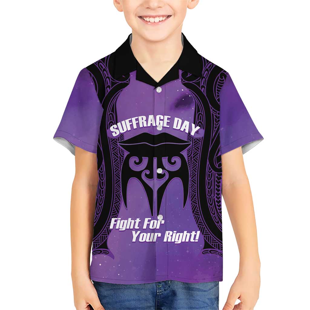 Personalised New Zealand Suffrage Day Kid Hawaiian Shirt Maori Tattoo Galaxy Vibe LT14 Kid Purple - Polynesian Pride