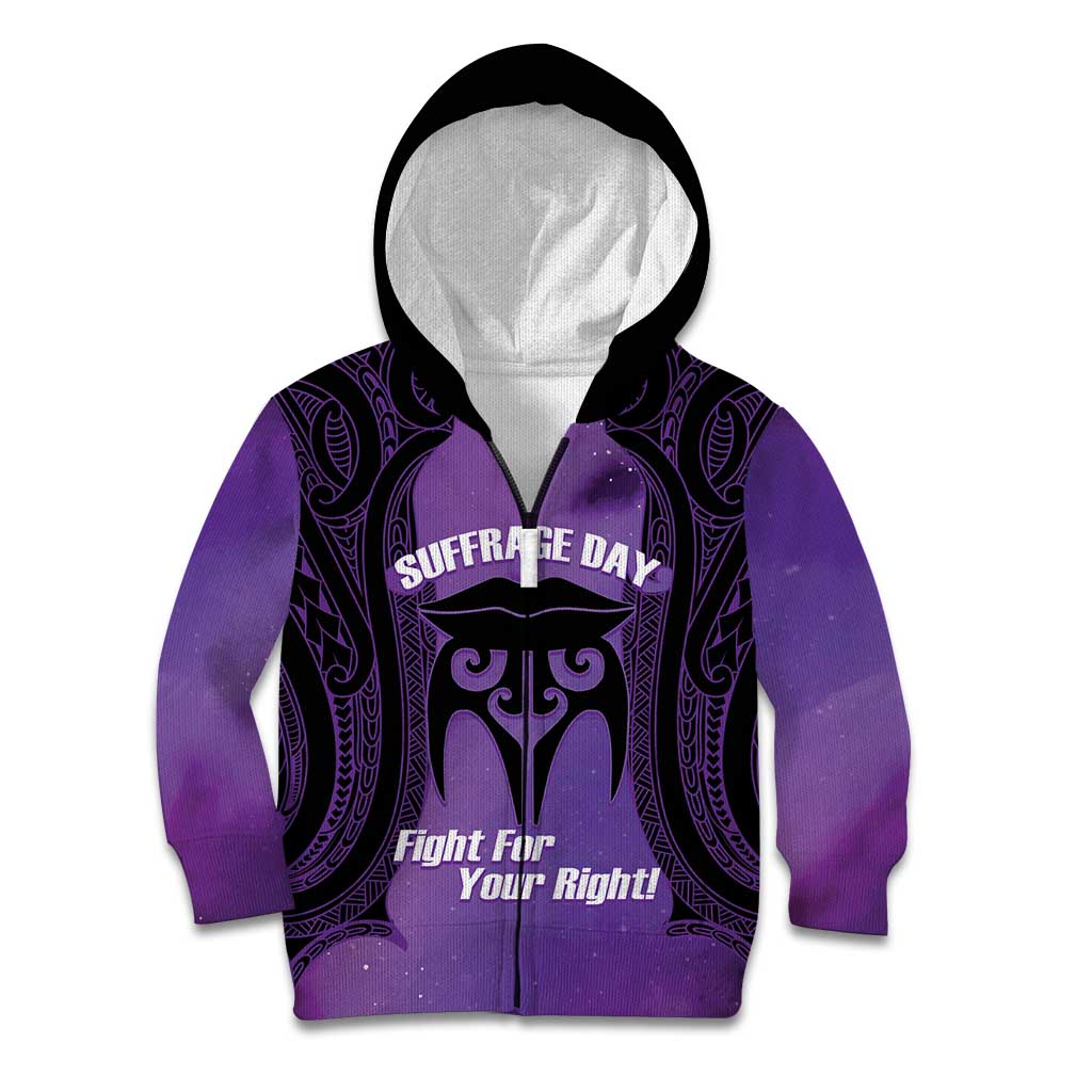 Personalised New Zealand Suffrage Day Kid Hoodie Maori Tattoo Galaxy Vibe LT14 Zip Hoodie Purple - Polynesian Pride