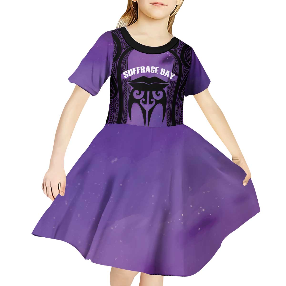 Personalised New Zealand Suffrage Day Kid Short Sleeve Dress Maori Tattoo Galaxy Vibe LT14 - Polynesian Pride