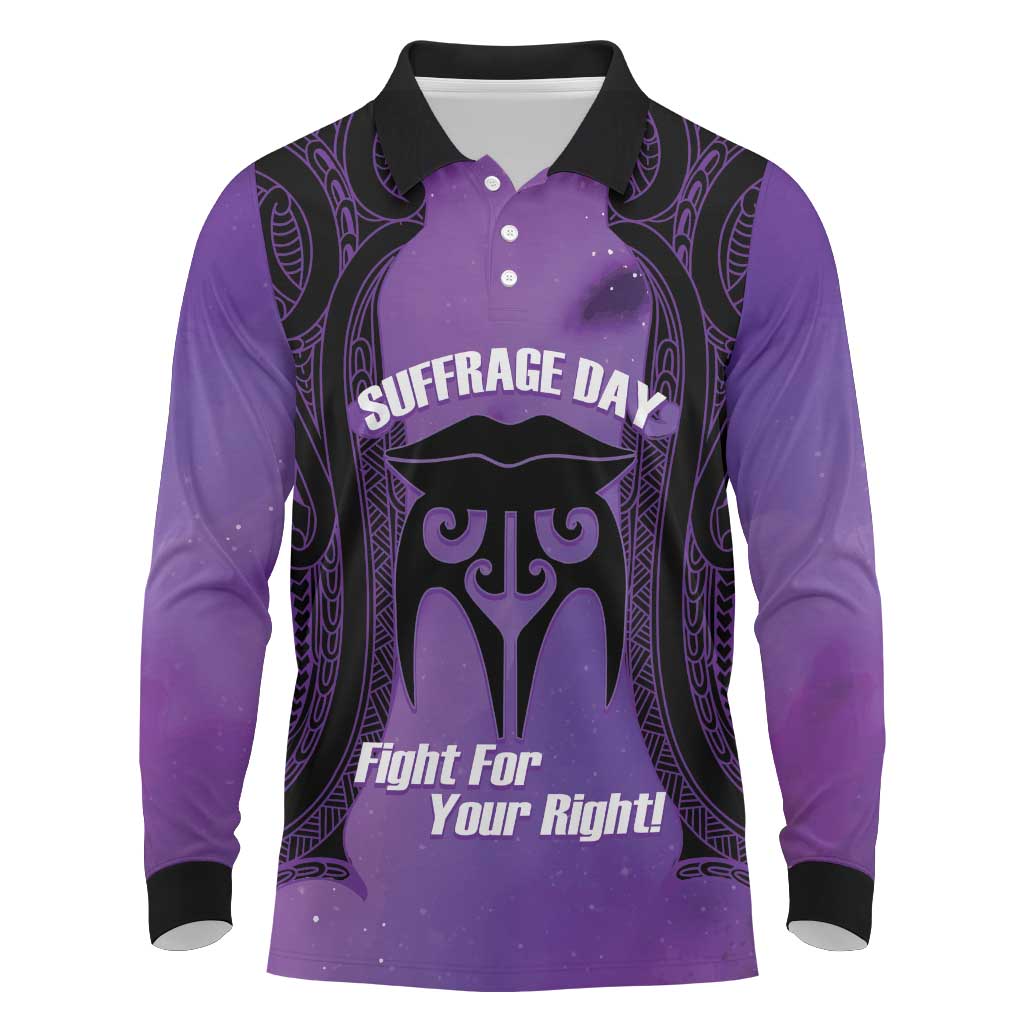 Personalised New Zealand Suffrage Day Long Sleeve Polo Shirt Maori Tattoo Galaxy Vibe LT14 Purple - Polynesian Pride