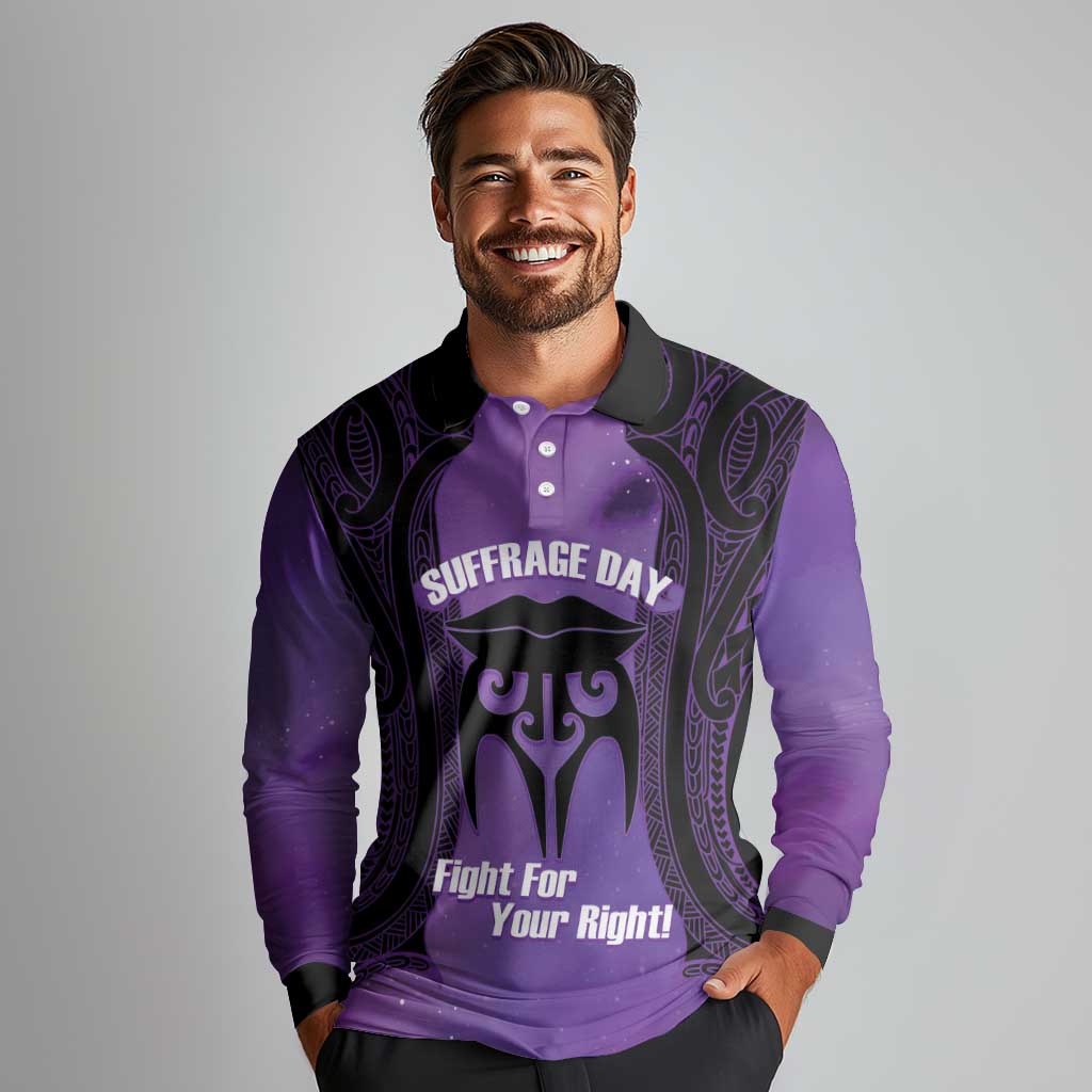 Personalised New Zealand Suffrage Day Long Sleeve Polo Shirt Maori Tattoo Galaxy Vibe LT14 - Polynesian Pride