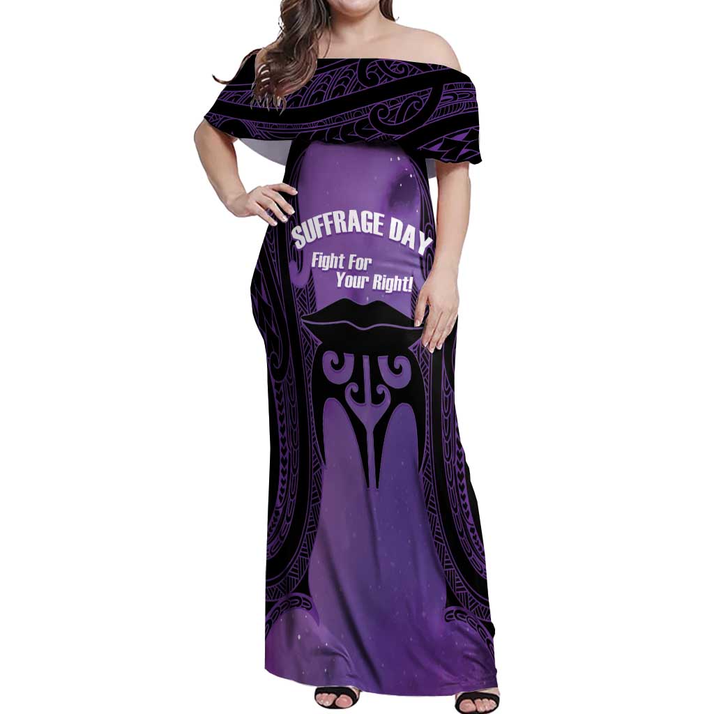 Personalised New Zealand Suffrage Day Off Shoulder Maxi Dress Maori Tattoo Galaxy Vibe LT14 Women Purple - Polynesian Pride