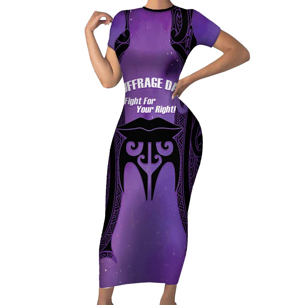 Personalised New Zealand Suffrage Day Short Sleeve Bodycon Dress Maori Tattoo Galaxy Vibe LT14 Long Dress Purple - Polynesian Pride