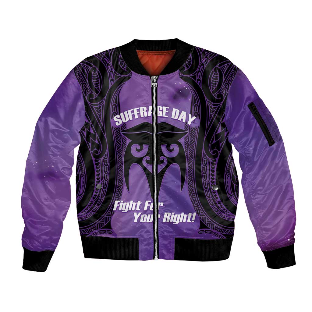 Personalised New Zealand Suffrage Day Sleeve Zip Bomber Jacket Maori Tattoo Galaxy Vibe LT14 Unisex Purple - Polynesian Pride