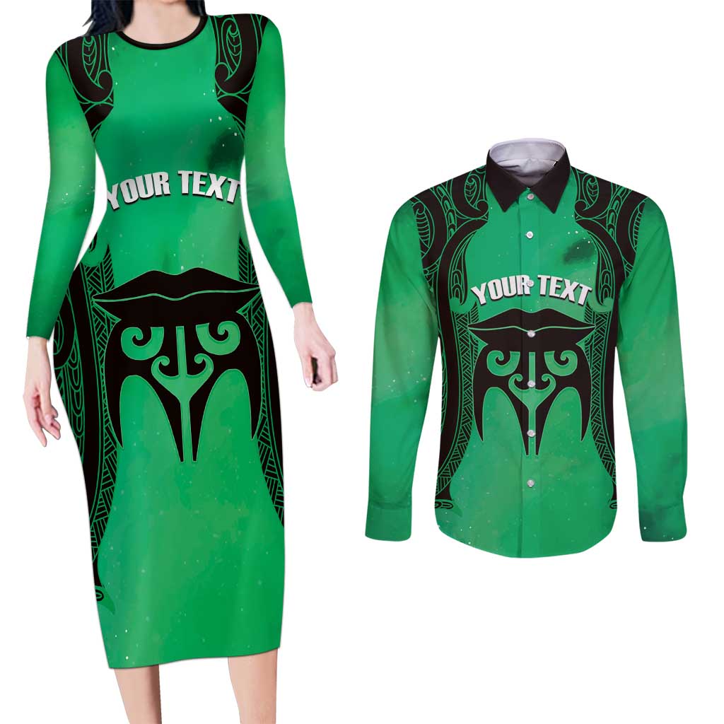 Personalised Moko Kauae New Zealand Couples Matching Long Sleeve Bodycon Dress and Long Sleeve Button Shirt Maori Chin Tattoo Green LT14 Green - Polynesian Pride