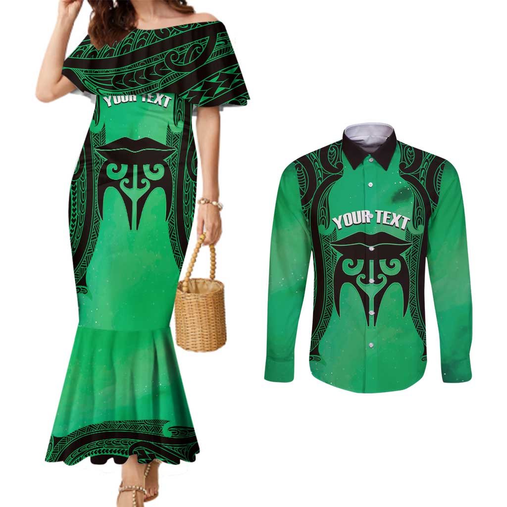 Personalised Moko Kauae New Zealand Couples Matching Mermaid Dress and Long Sleeve Button Shirt Maori Chin Tattoo Green LT14 Green - Polynesian Pride