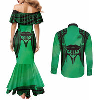 Personalised Moko Kauae New Zealand Couples Matching Mermaid Dress and Long Sleeve Button Shirt Maori Chin Tattoo Green LT14 - Polynesian Pride
