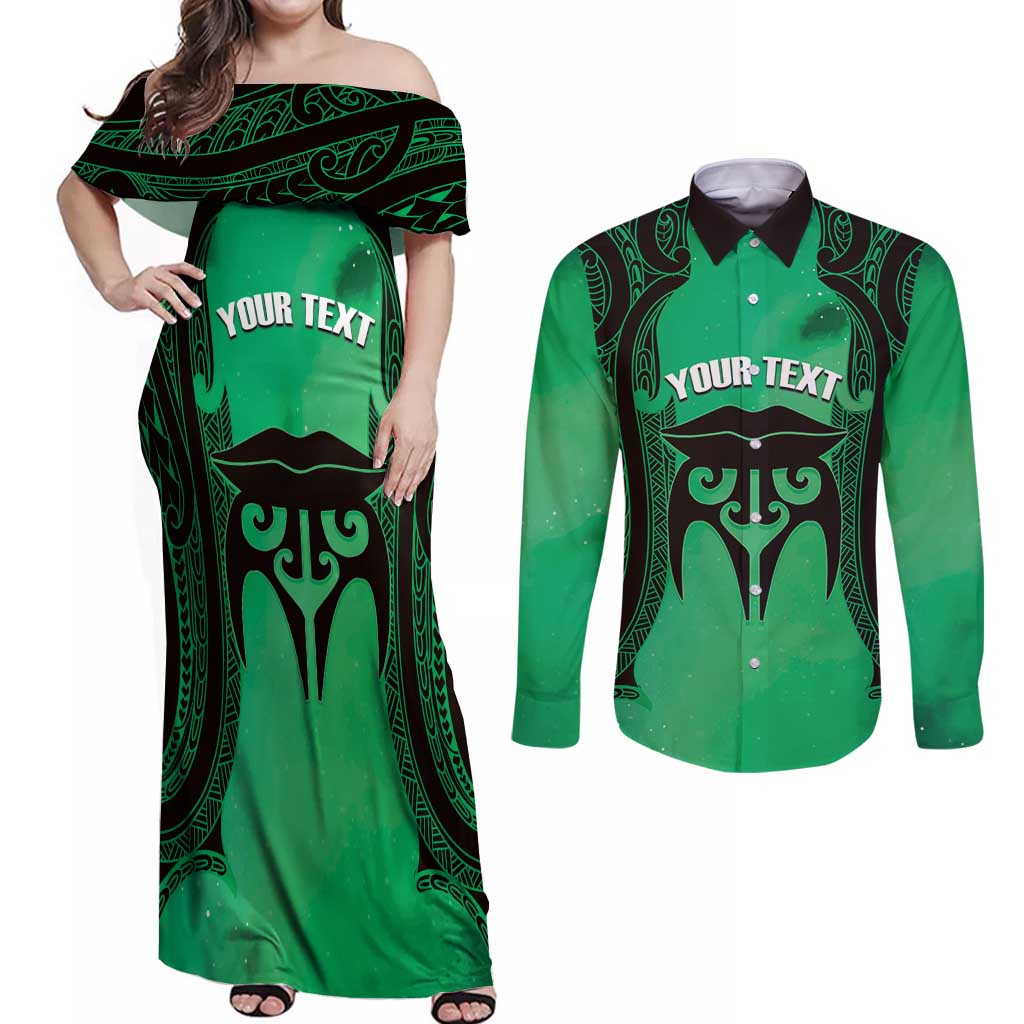 Personalised Moko Kauae New Zealand Couples Matching Off Shoulder Maxi Dress and Long Sleeve Button Shirt Maori Chin Tattoo Green LT14 Green - Polynesian Pride