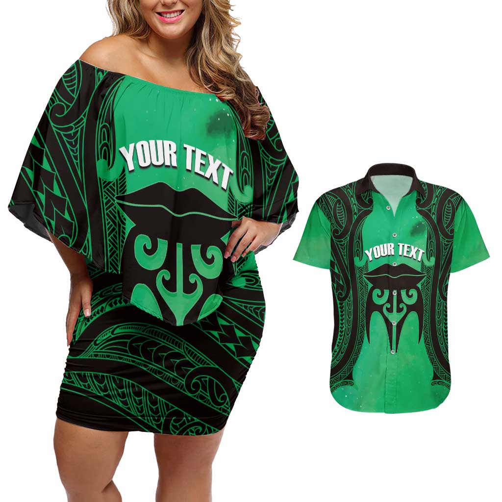 Personalised Moko Kauae New Zealand Couples Matching Off Shoulder Short Dress and Hawaiian Shirt Maori Chin Tattoo Green LT14 Green - Polynesian Pride