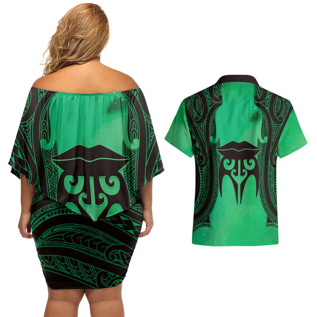Personalised Moko Kauae New Zealand Couples Matching Off Shoulder Short Dress and Hawaiian Shirt Maori Chin Tattoo Green LT14 - Polynesian Pride