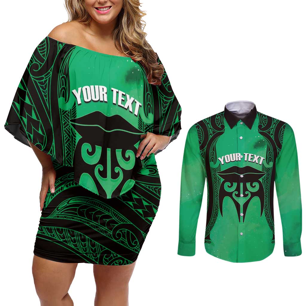 Personalised Moko Kauae New Zealand Couples Matching Off Shoulder Short Dress and Long Sleeve Button Shirt Maori Chin Tattoo Green LT14 Green - Polynesian Pride