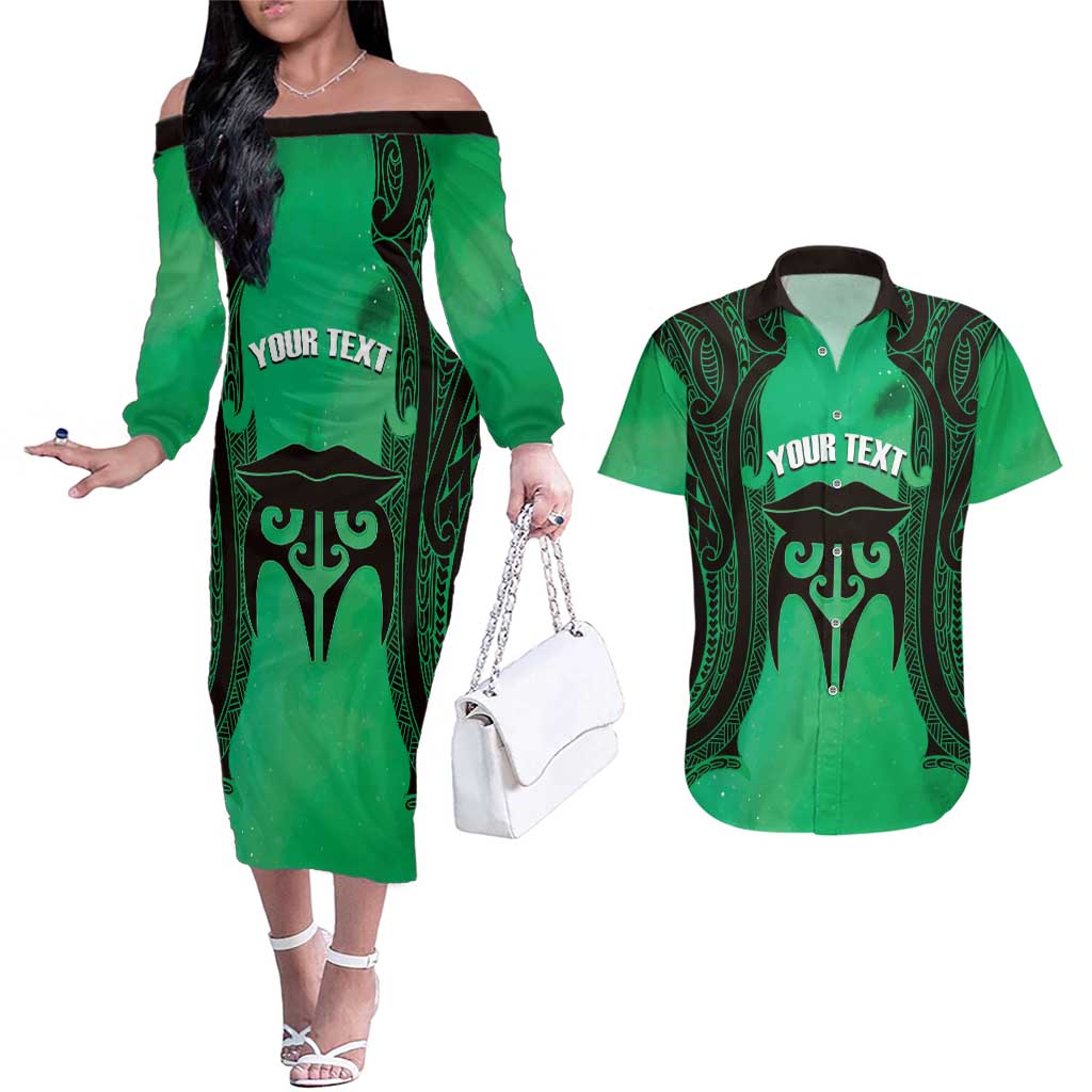 Personalised Moko Kauae New Zealand Couples Matching Off The Shoulder Long Sleeve Dress and Hawaiian Shirt Maori Chin Tattoo Green LT14 Green - Polynesian Pride