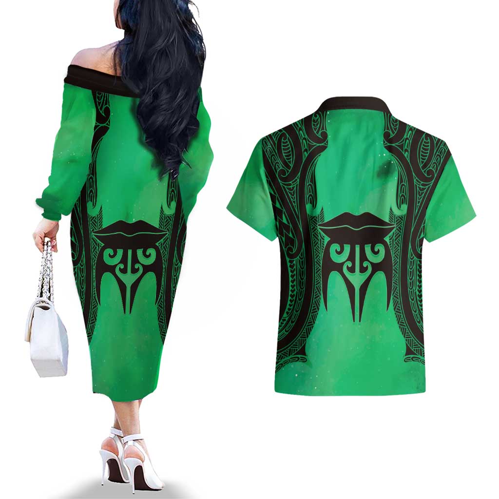 Personalised Moko Kauae New Zealand Couples Matching Off The Shoulder Long Sleeve Dress and Hawaiian Shirt Maori Chin Tattoo Green LT14 - Polynesian Pride