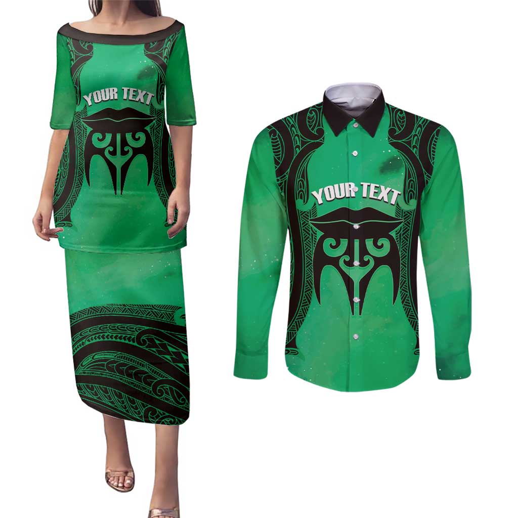 Personalised Moko Kauae New Zealand Couples Matching Puletasi and Long Sleeve Button Shirt Maori Chin Tattoo Green LT14 Green - Polynesian Pride