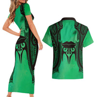 Personalised Moko Kauae New Zealand Couples Matching Short Sleeve Bodycon Dress and Hawaiian Shirt Maori Chin Tattoo Green LT14 - Polynesian Pride