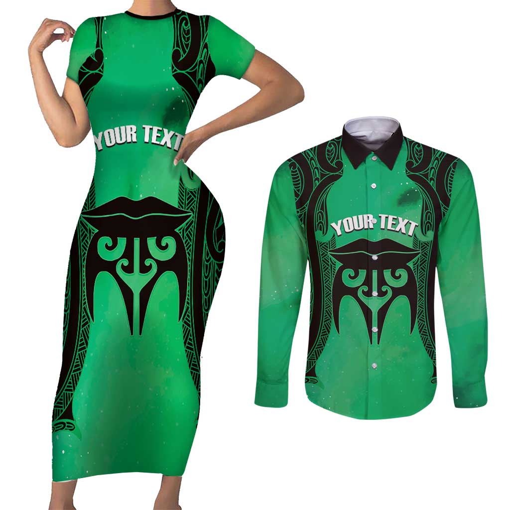 Personalised Moko Kauae New Zealand Couples Matching Short Sleeve Bodycon Dress and Long Sleeve Button Shirt Maori Chin Tattoo Green LT14 Green - Polynesian Pride