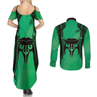 Personalised Moko Kauae New Zealand Couples Matching Summer Maxi Dress and Long Sleeve Button Shirt Maori Chin Tattoo Green LT14 - Polynesian Pride