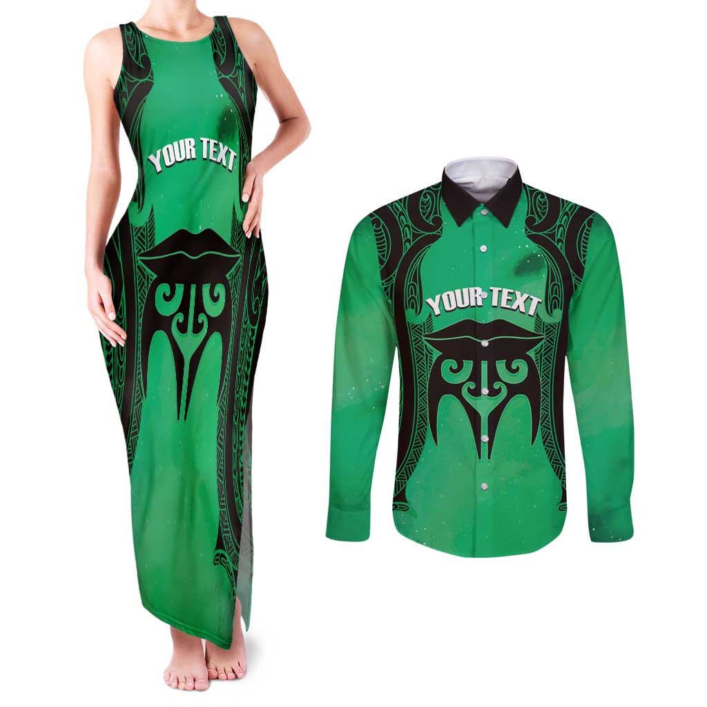 Personalised Moko Kauae New Zealand Couples Matching Tank Maxi Dress and Long Sleeve Button Shirt Maori Chin Tattoo Green LT14 Green - Polynesian Pride