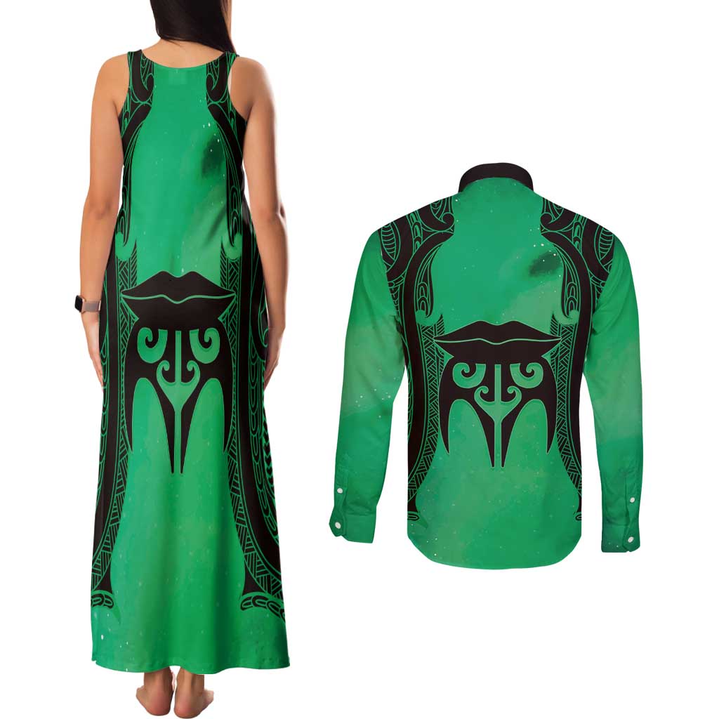 Personalised Moko Kauae New Zealand Couples Matching Tank Maxi Dress and Long Sleeve Button Shirt Maori Chin Tattoo Green LT14 - Polynesian Pride