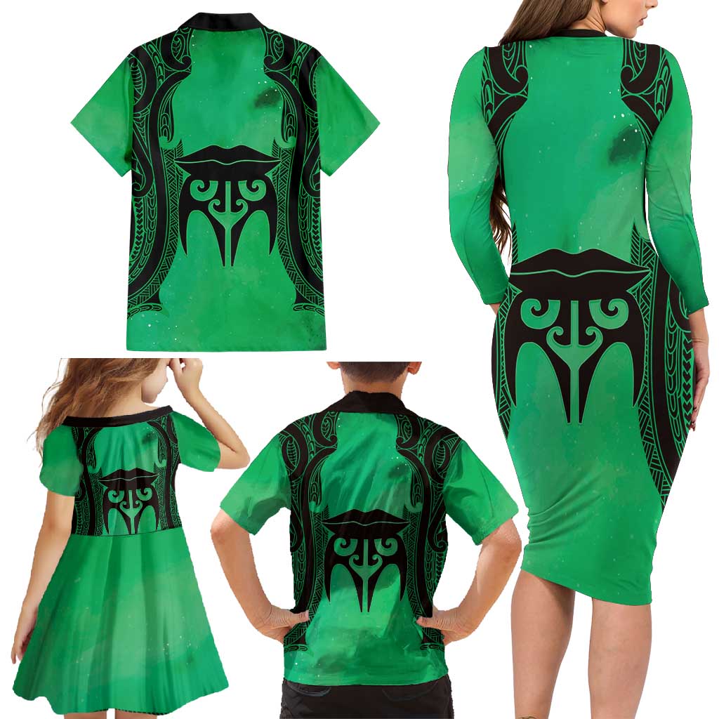 Personalised Moko Kauae New Zealand Family Matching Long Sleeve Bodycon Dress and Hawaiian Shirt Maori Chin Tattoo Green LT14 - Polynesian Pride