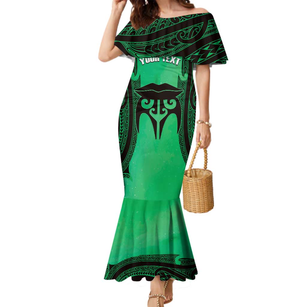 Personalised Moko Kauae New Zealand Family Matching Mermaid Dress and Hawaiian Shirt Maori Chin Tattoo Green LT14 Mom's Dress Green - Polynesian Pride