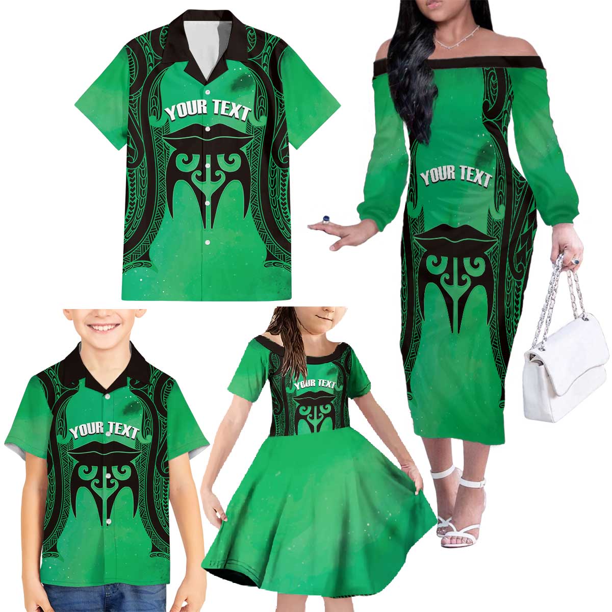 Personalised Moko Kauae New Zealand Family Matching Off The Shoulder Long Sleeve Dress and Hawaiian Shirt Maori Chin Tattoo Green LT14 - Polynesian Pride