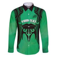 Personalised Moko Kauae New Zealand Family Matching Off The Shoulder Long Sleeve Dress and Hawaiian Shirt Maori Chin Tattoo Green LT14 Dad's Shirt - Long Sleeve Green - Polynesian Pride