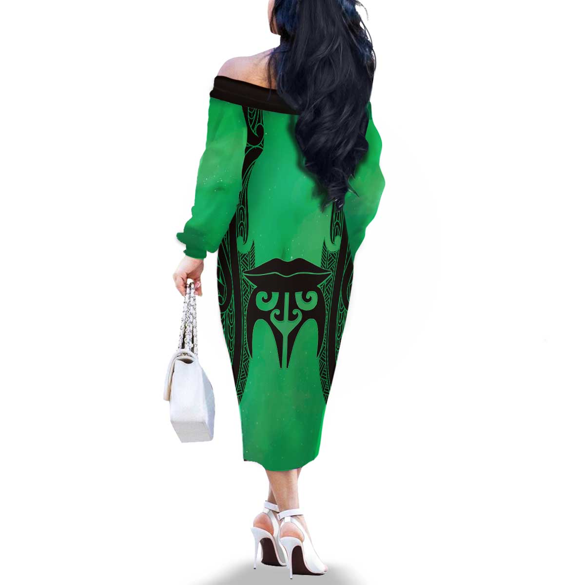 Personalised Moko Kauae New Zealand Family Matching Off The Shoulder Long Sleeve Dress and Hawaiian Shirt Maori Chin Tattoo Green LT14 - Polynesian Pride