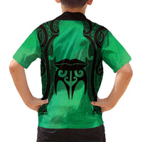 Personalised Moko Kauae New Zealand Family Matching Off Shoulder Maxi Dress and Hawaiian Shirt Maori Chin Tattoo Green LT14 - Polynesian Pride