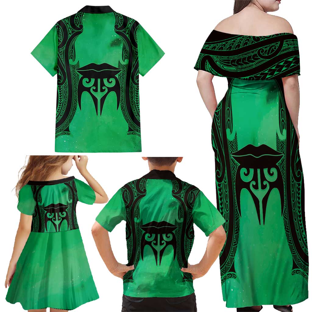 Personalised Moko Kauae New Zealand Family Matching Off Shoulder Maxi Dress and Hawaiian Shirt Maori Chin Tattoo Green LT14 - Polynesian Pride