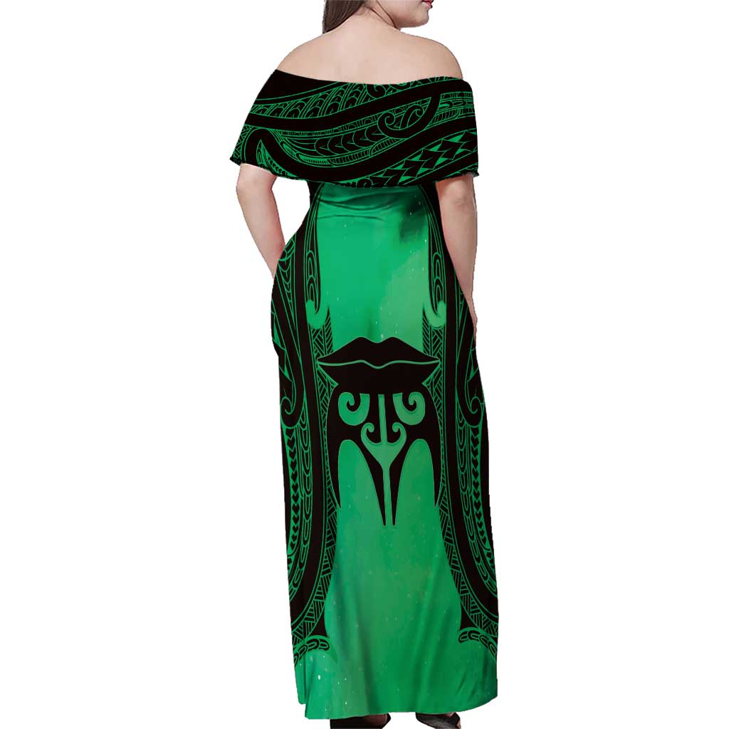 Personalised Moko Kauae New Zealand Family Matching Off Shoulder Maxi Dress and Hawaiian Shirt Maori Chin Tattoo Green LT14 - Polynesian Pride