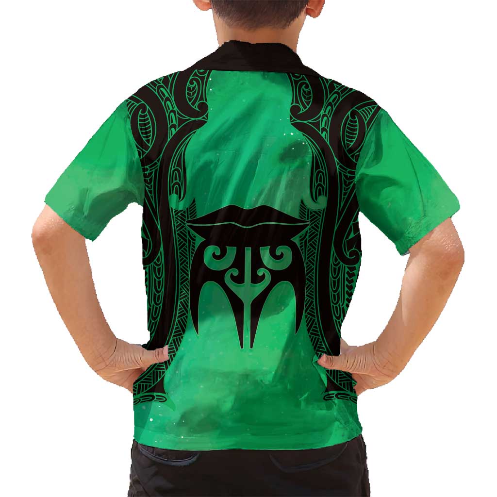 Personalised Moko Kauae New Zealand Family Matching Off Shoulder Short Dress and Hawaiian Shirt Maori Chin Tattoo Green LT14 - Polynesian Pride