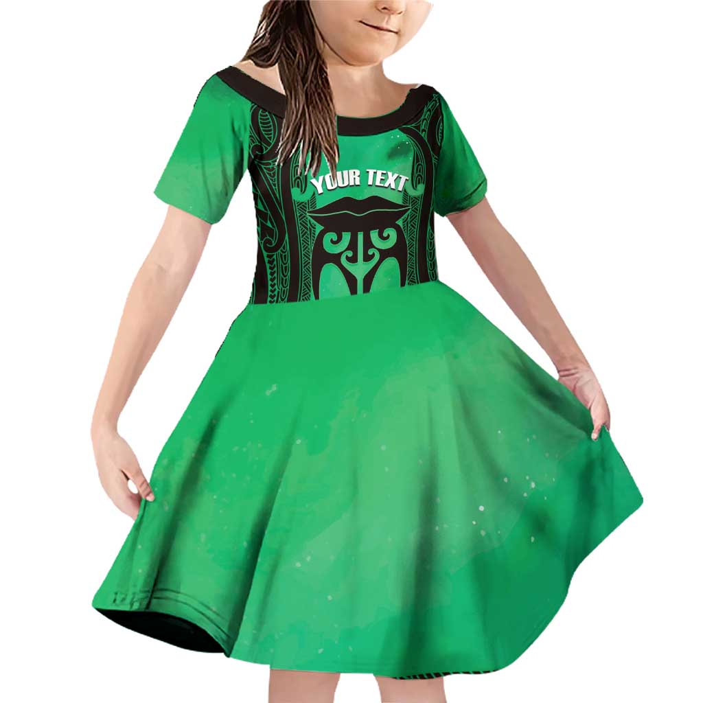 Personalised Moko Kauae New Zealand Family Matching Off Shoulder Short Dress and Hawaiian Shirt Maori Chin Tattoo Green LT14 Daughter's Dress Green - Polynesian Pride