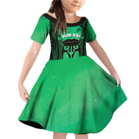 Personalised Moko Kauae New Zealand Family Matching Off Shoulder Short Dress and Hawaiian Shirt Maori Chin Tattoo Green LT14 Daughter's Dress Green - Polynesian Pride