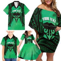 Personalised Moko Kauae New Zealand Family Matching Off Shoulder Short Dress and Hawaiian Shirt Maori Chin Tattoo Green LT14 - Polynesian Pride