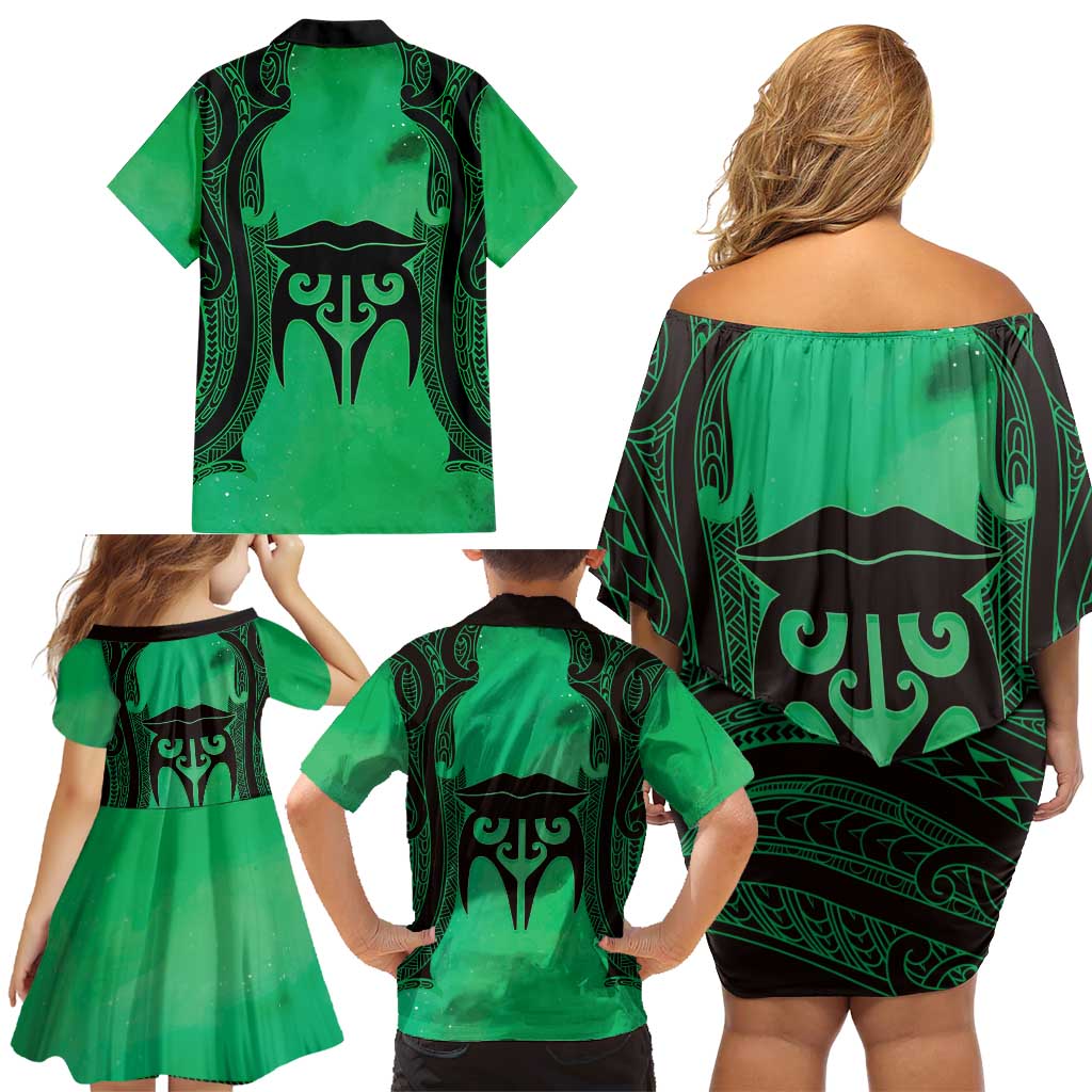 Personalised Moko Kauae New Zealand Family Matching Off Shoulder Short Dress and Hawaiian Shirt Maori Chin Tattoo Green LT14 - Polynesian Pride