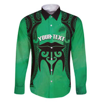 Personalised Moko Kauae New Zealand Family Matching Off Shoulder Short Dress and Hawaiian Shirt Maori Chin Tattoo Green LT14 Dad's Shirt - Long Sleeve Green - Polynesian Pride