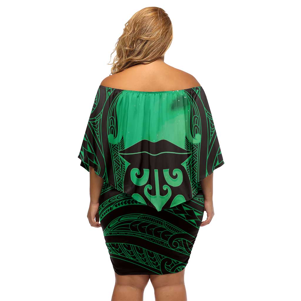 Personalised Moko Kauae New Zealand Family Matching Off Shoulder Short Dress and Hawaiian Shirt Maori Chin Tattoo Green LT14 - Polynesian Pride