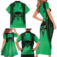 Personalised Moko Kauae New Zealand Family Matching Short Sleeve Bodycon Dress and Hawaiian Shirt Maori Chin Tattoo Green LT14 - Polynesian Pride