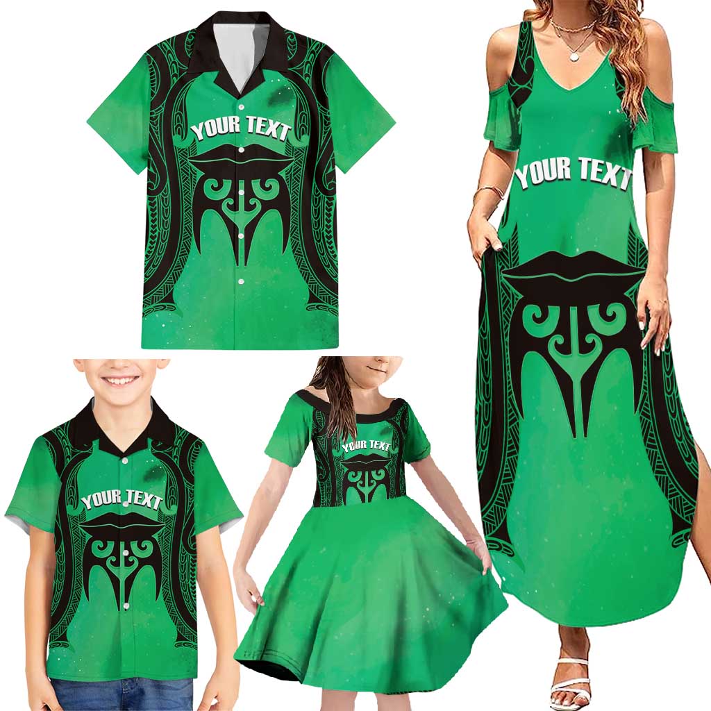 Personalised Moko Kauae New Zealand Family Matching Summer Maxi Dress and Hawaiian Shirt Maori Chin Tattoo Green LT14 - Polynesian Pride