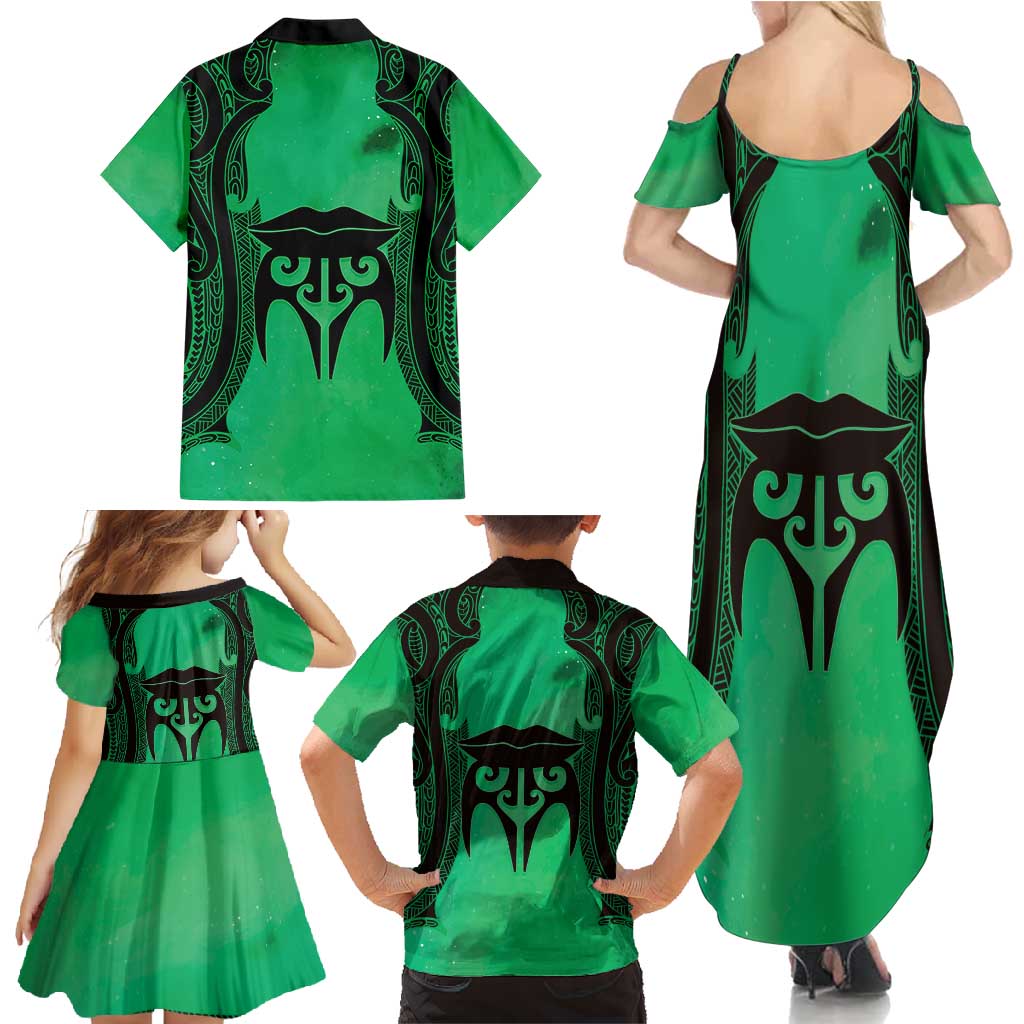 Personalised Moko Kauae New Zealand Family Matching Summer Maxi Dress and Hawaiian Shirt Maori Chin Tattoo Green LT14 - Polynesian Pride