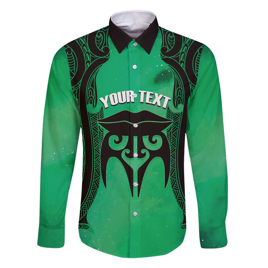 Personalised Moko Kauae New Zealand Family Matching Summer Maxi Dress and Hawaiian Shirt Maori Chin Tattoo Green LT14 Dad's Shirt - Long Sleeve Green - Polynesian Pride