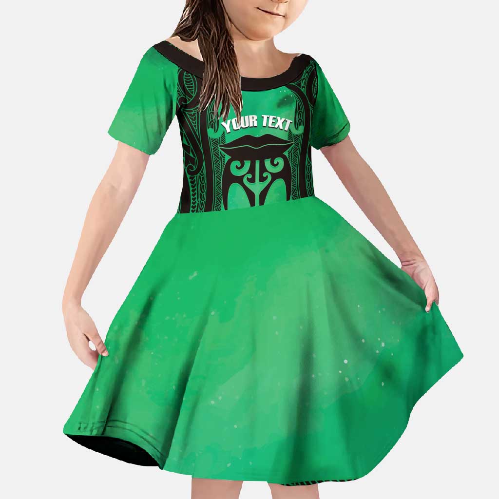 Personalised Moko Kauae New Zealand Family Matching Tank Maxi Dress and Hawaiian Shirt Maori Chin Tattoo Green LT14 Daughter's Dress Green - Polynesian Pride
