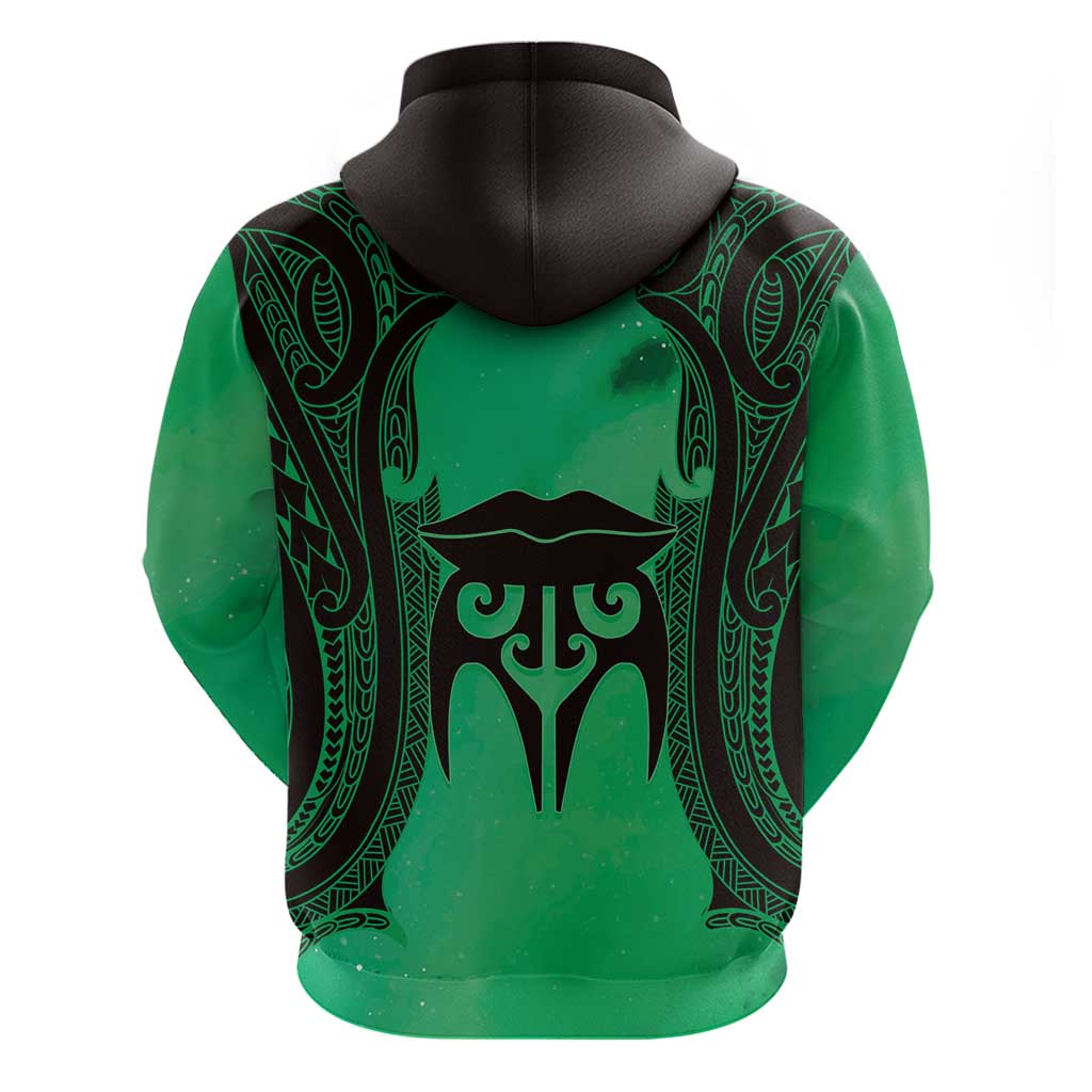 Personalised Moko Kauae New Zealand Hoodie Maori Chin Tattoo Green - Polynesian Pride