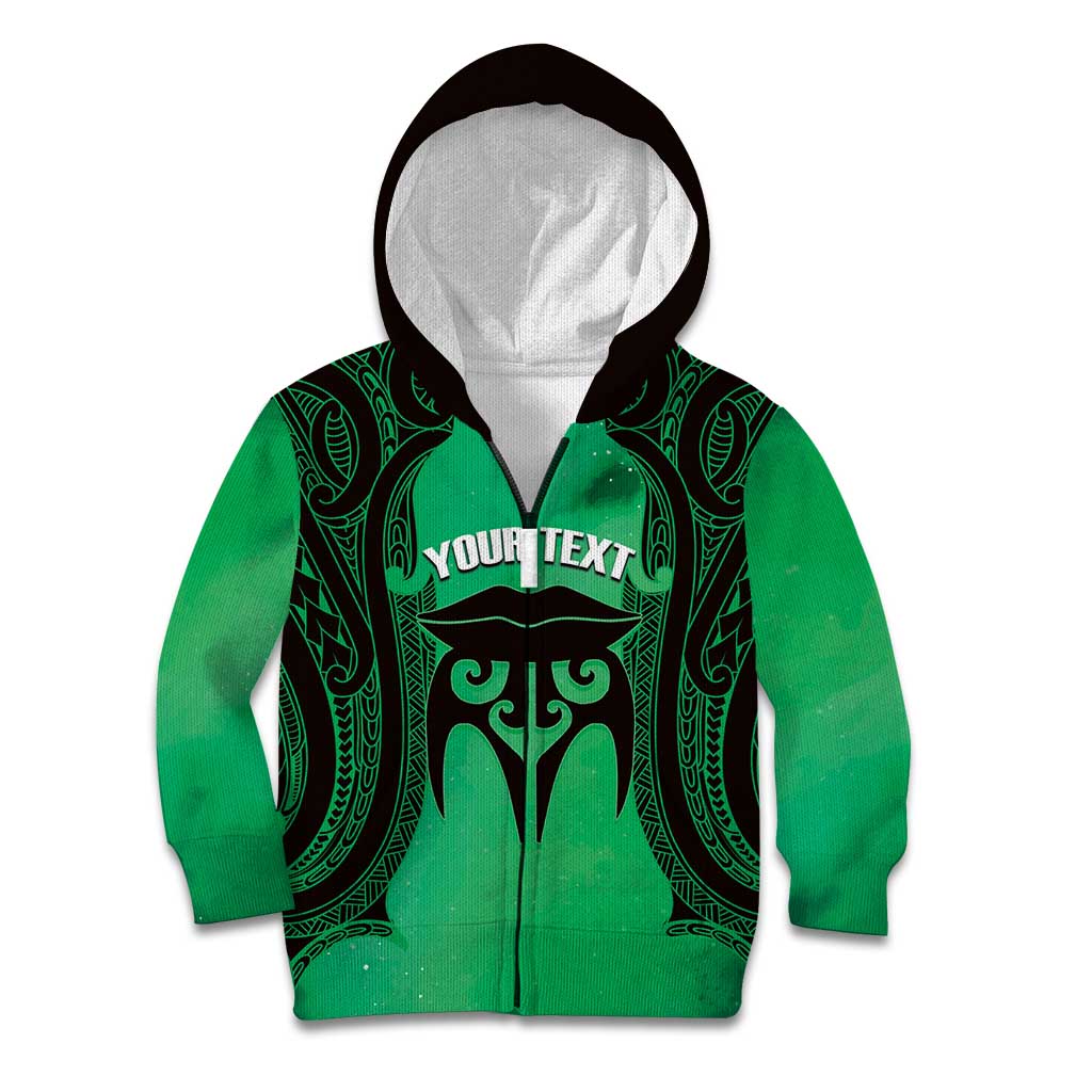 Personalised Moko Kauae New Zealand Kid Hoodie Maori Chin Tattoo Green LT14 Zip Hoodie Green - Polynesian Pride